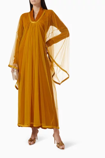 "Elegant 2-piece set with outer tulle with lace details,layered over a long sleeves fitted inner dress in velvet.":Brown    :M|219127762