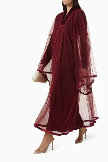 "Elegant 2-piece set with outer tulle with lace details,layered over a long sleeves fitted inner dress in velvet.":Red    :S|219127757