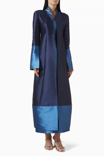 "Elegant two-tone abaya in taffeta witha fitted cut and back slit, styled with amatching fitted inner.":Blue    :L|219127748
