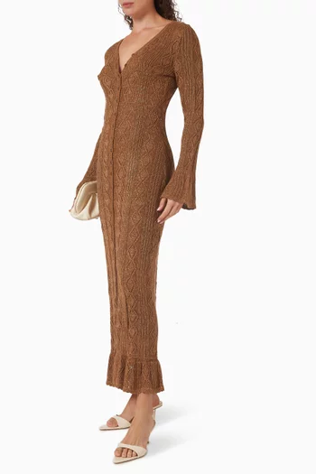 فستان جريتا طويل بنقشة خطوط متعرجة منسوج