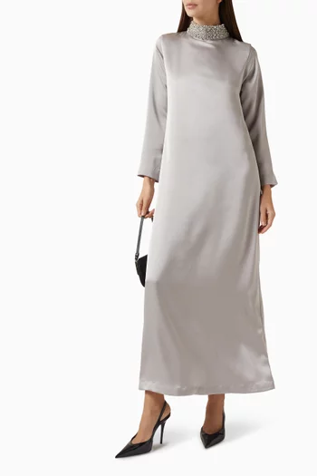 Crystal Collar Maxi Dress in Satin