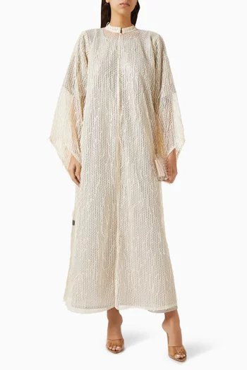 Embellished Fringe Abaya Set in Metallic Mesh
