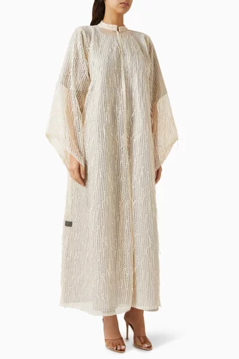 Embellished Fringe Abaya Set in Metallic Mesh