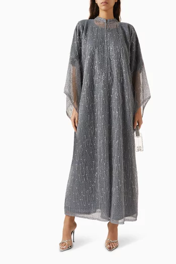 Embellished Fringe Abaya Set in Metallic Mesh