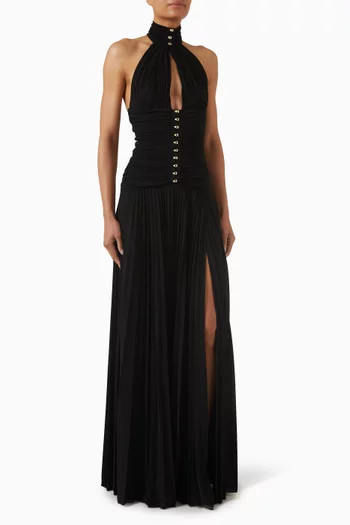 فستان سهرة بفتحة وحمالة حول الرقبة جيرسيه لامع