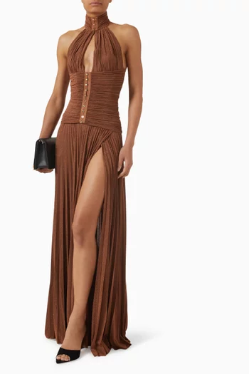 Halterneck Slit Gown in Lamé Jersey