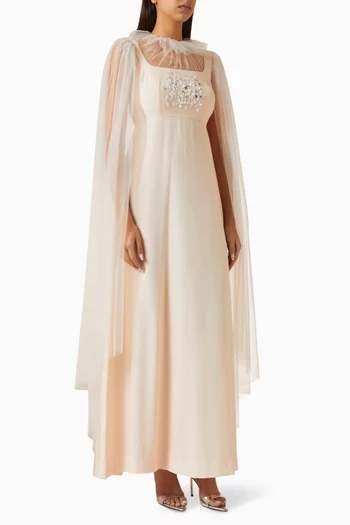 فستان سهرة بكاب مزين بتطريزات كريب هندي