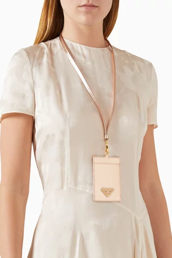 Triangle Logo Badge Holder in Metallic Saffiano Leather