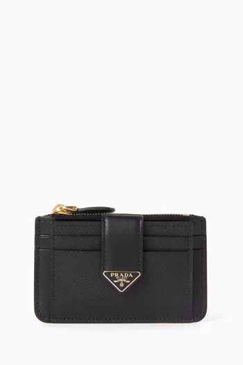 Triangle Logo Card Holder in Saffiano Leather