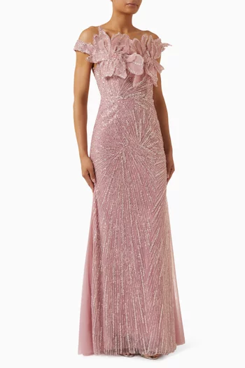 Bead-embellished Trumpet Gown in Mesh