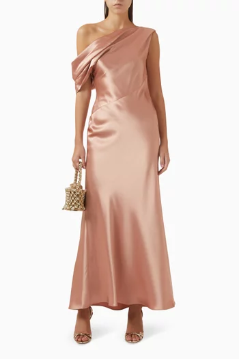 Draped Shoulder Maxi Dress in Satin