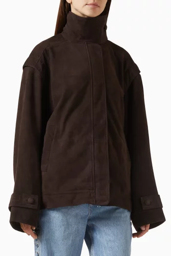 جاكيت بقصة فضفاضة جلد شمواه