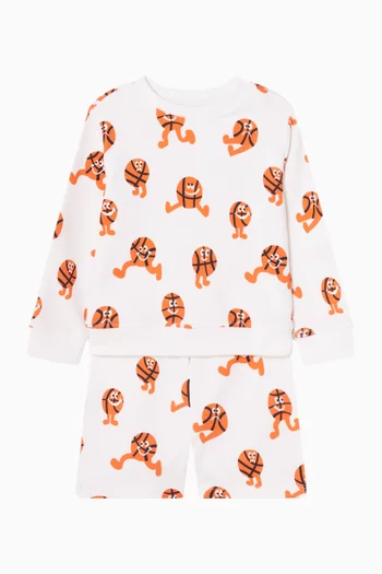 طقم شورت وبلوزة بفتحة رقبة مستديرة بطبعة كرة سلة 