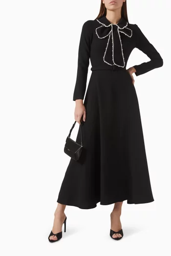 Pearl Bow Belted Midi Dress