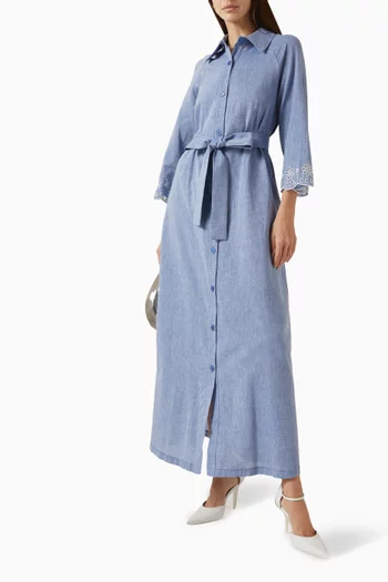 Laser-cut Belted Maxi Dress in Linen