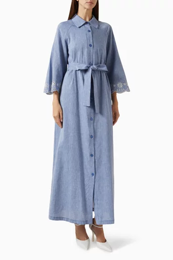 Laser-cut Belted Maxi Dress in Linen