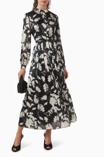 Printed Pleated Midi Dress in Chiffon