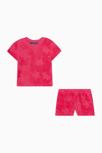 Turtle-jacquard T-shirt & Shorts Set in Cotton-terry