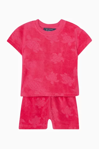 Turtle-jacquard T-shirt & Shorts Set in Cotton-terry