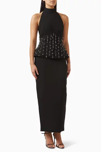 فستان فالنتينا مطرز بالكريستال وخصر على شكل جرس