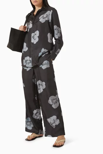 بنطال بقصة ساق واسعة ونقشة زهور حرير