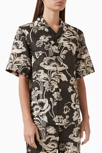 Painted Peonies Bowling Shirt in Linen