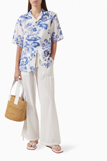 Painted Peonies Bowling Shirt in Linen