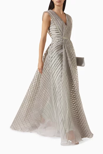 V-neck Striped Maxi Dress in Organza