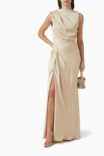 Asymmetrical-neck Draped Maxi Dress