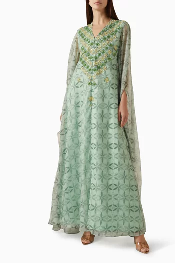 Embellished Cape-sleeve Dress in Chiffon