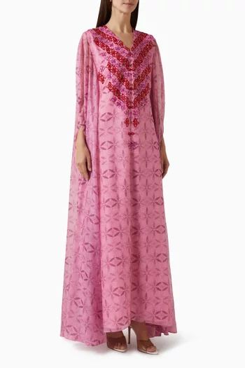 Embellished Cape-sleeve Dress in Chiffon