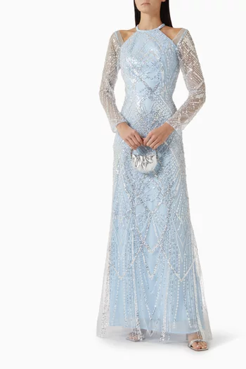 فستان مطرز بالترتر تول