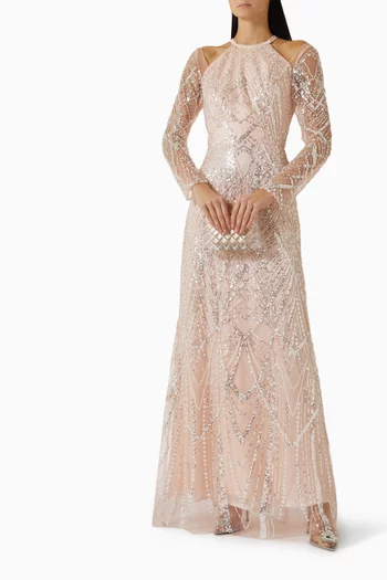 فستان مطرز بالترتر تول