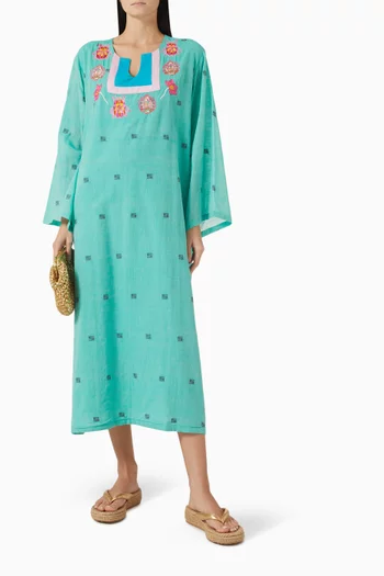 فستان أزور طويل بتطريزات قطن