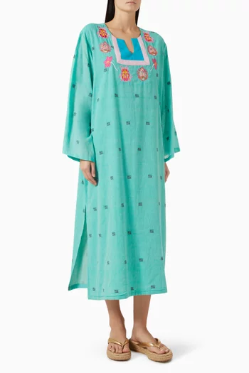 فستان أزور طويل بتطريزات قطن