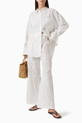 بنطال سلون بقصة ساق واسعة كتان