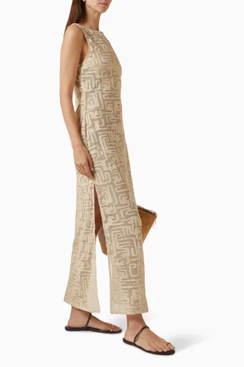 فستان كارمن طويل بنقشة هندسية نسيج قطن