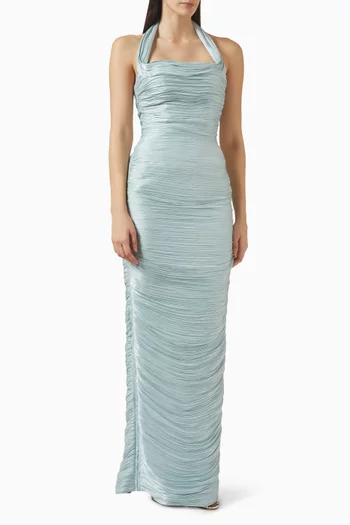 فستان طويل بكشكش وحمالة حول الرقبة