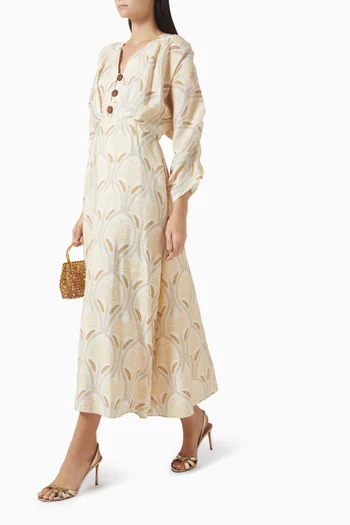 فستان متوسط الطول مزين بنقشة