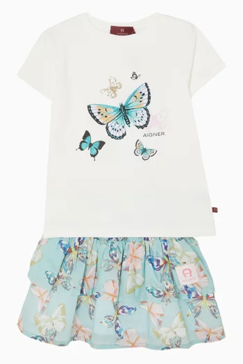 Butterfly-print Tiered Skirt in Cotton