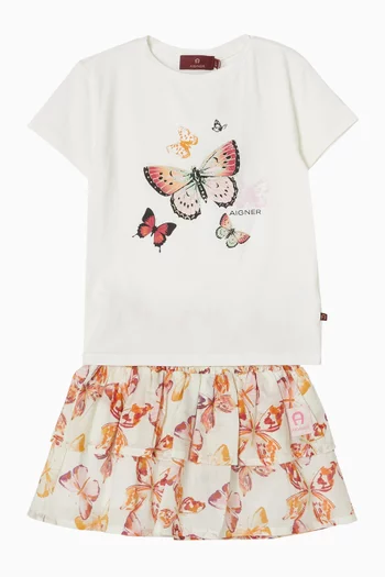 Butterfly-print Tiered Skirt in Cotton