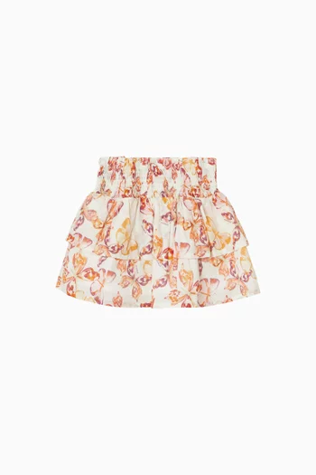 Butterfly-print Tiered Skirt in Cotton