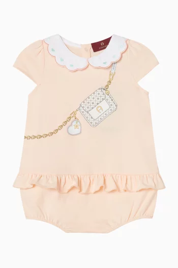 Bag-print Collared Romper in Pima Cotton