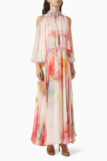 فستان بطبقة كاب ومطرز شيفون