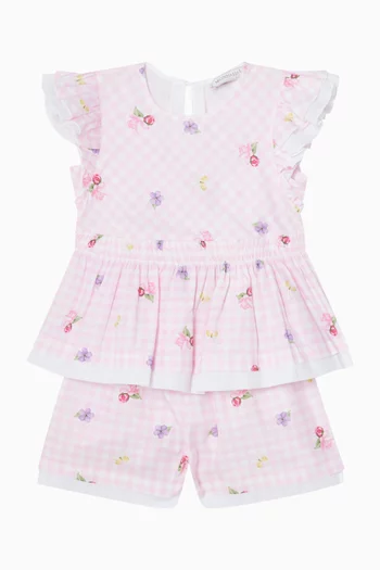 بلوزة بنقشة زهور ومربعات غينغهام قطن