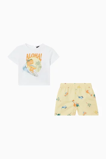 طقم تي شيرت وشورت بنقشة ديناصور يتزلج