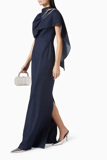 فستان مطرز بالكريستال حرير ودينم