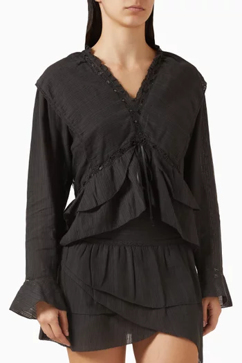 بلوزة داميان بكشكش قطن وكتان بارز الملمس