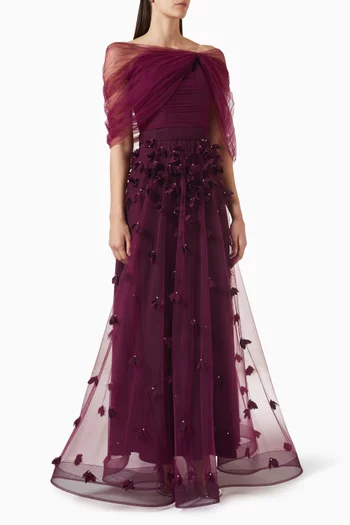 فستان سهرة بتطريزات بارزة تول