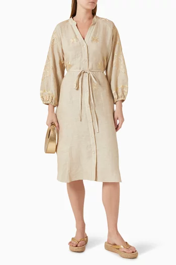 فستان مطرز متوسط الطول بفتحة رقبة حرف V‏